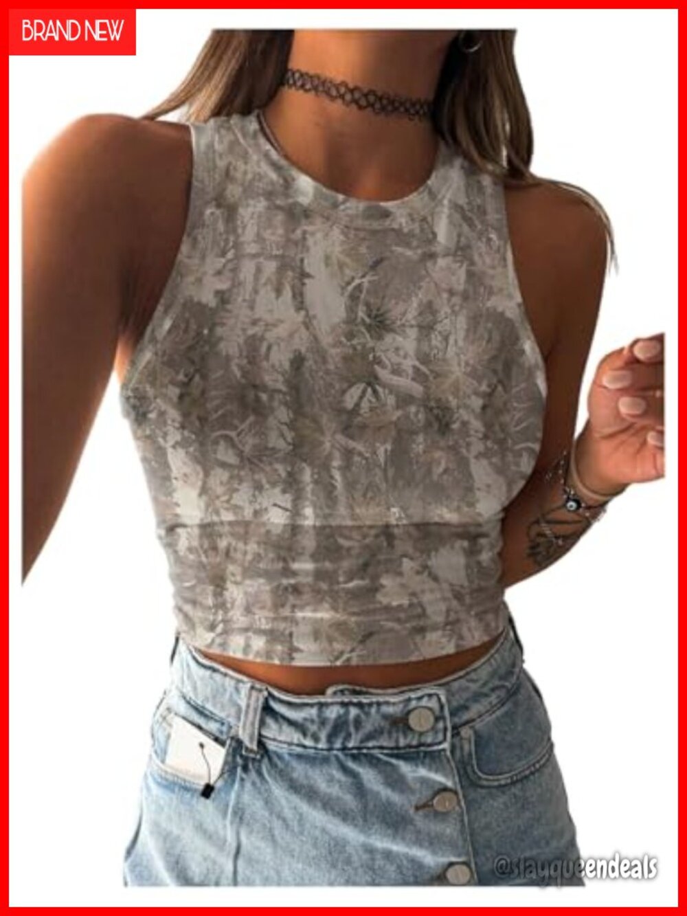 Women's Camo Graphic Crewneck Fitted Crop Tank Top Sleeveless